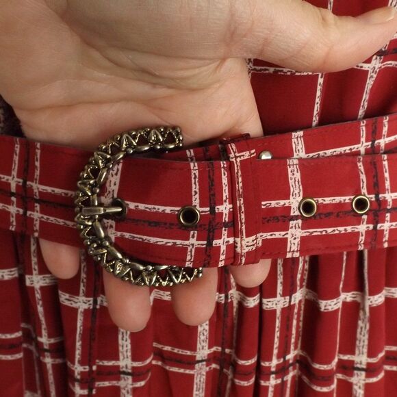 LESLIE FAY Midi Dress, XL, Dark Red Plaid, Short sleeve, Matching Belt, SS - Picture 9 of 12